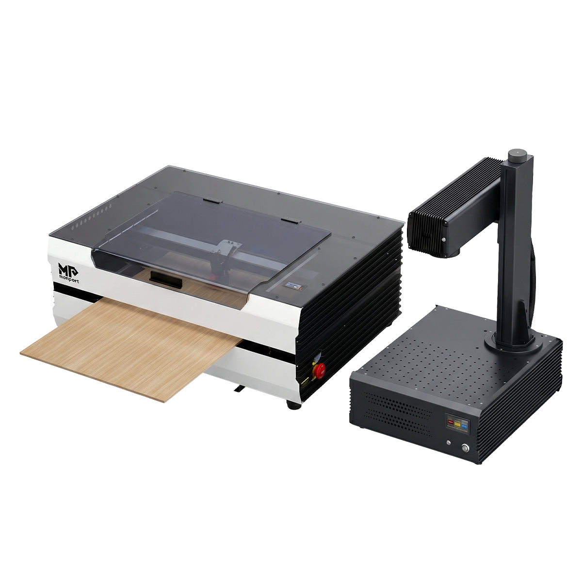 Monport GA 100W MOPA Fiber Laser + Reno45 45W Desktop CO2 Laser Engraver Bundle with AutoFocus & Magnetic Assisted Focus