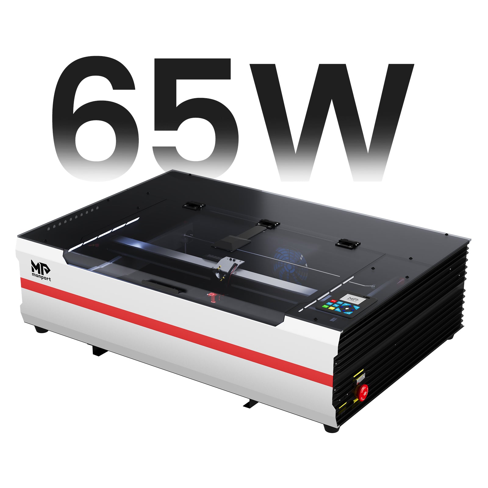 Laser cutting machine with '65W' text on a white background