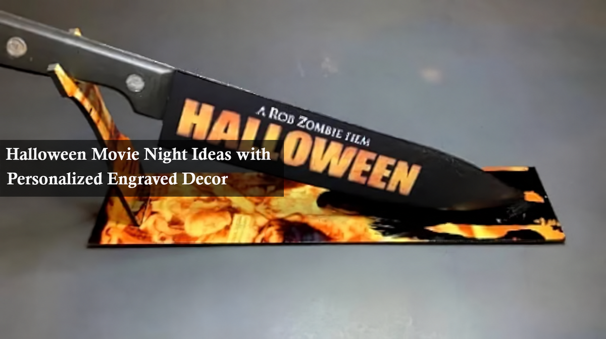 Halloween-themed display blade prop on a fiery stand with personalized engraved decor title overlay