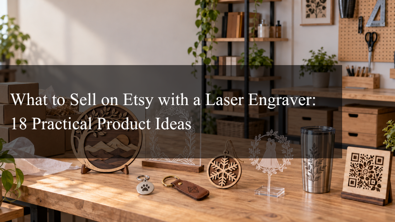 Laser-cut and engraved products to sell on Etsy displayed in a small business workshop.