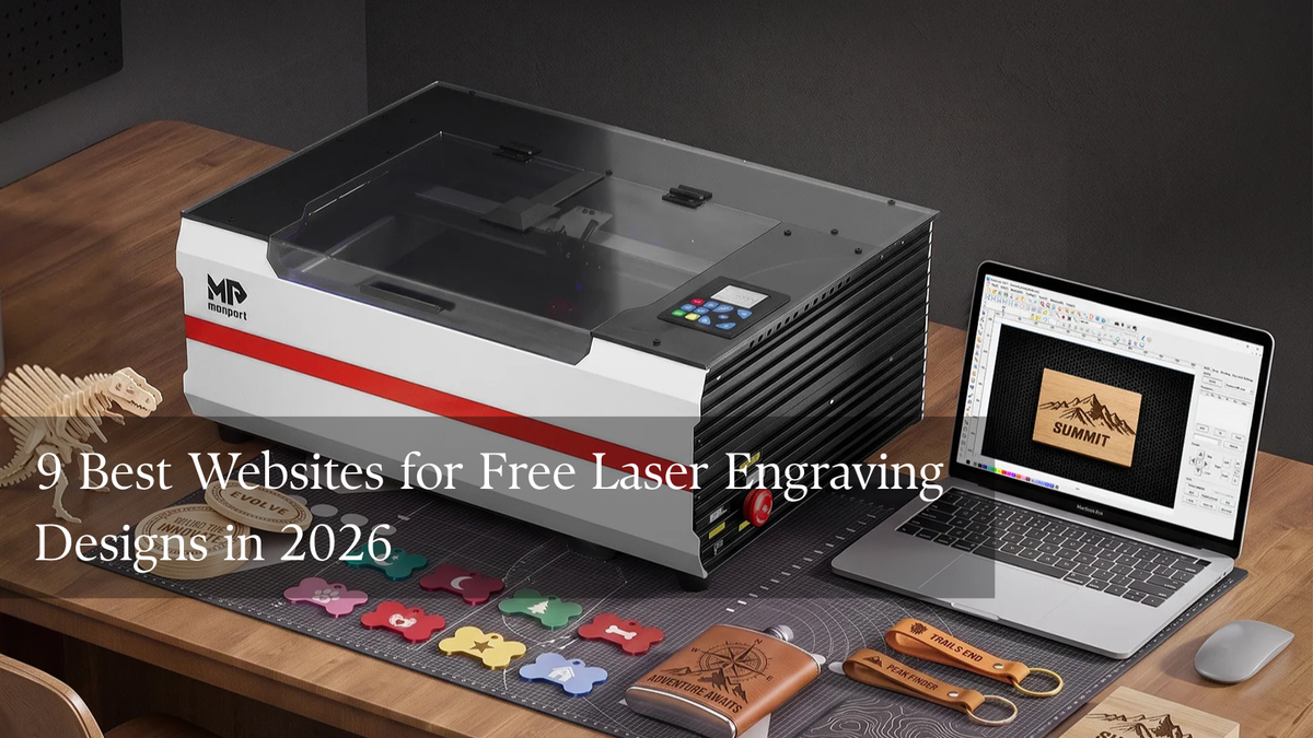 Laser engraving design resources displayed on a laptop alongside SVG artwork, DXF patterns, and engraved wooden projects.
