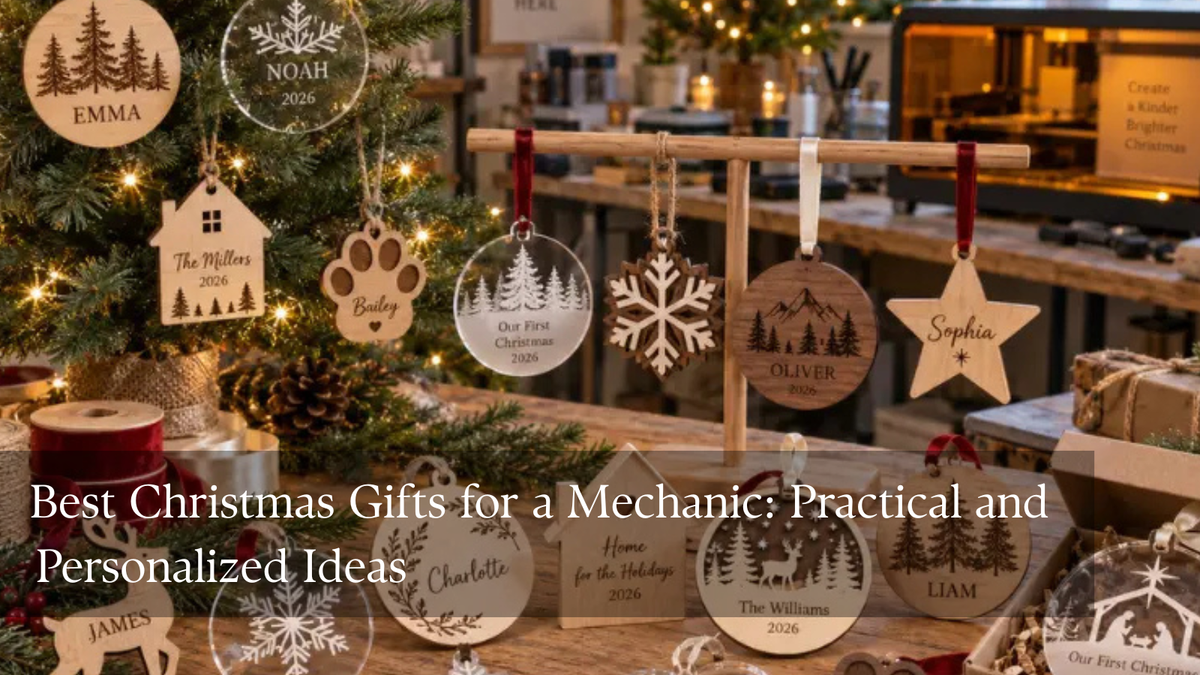 Personalized wooden toolbox, wrench, and gear Christmas ornaments hanging on a warmly lit Christmas tree