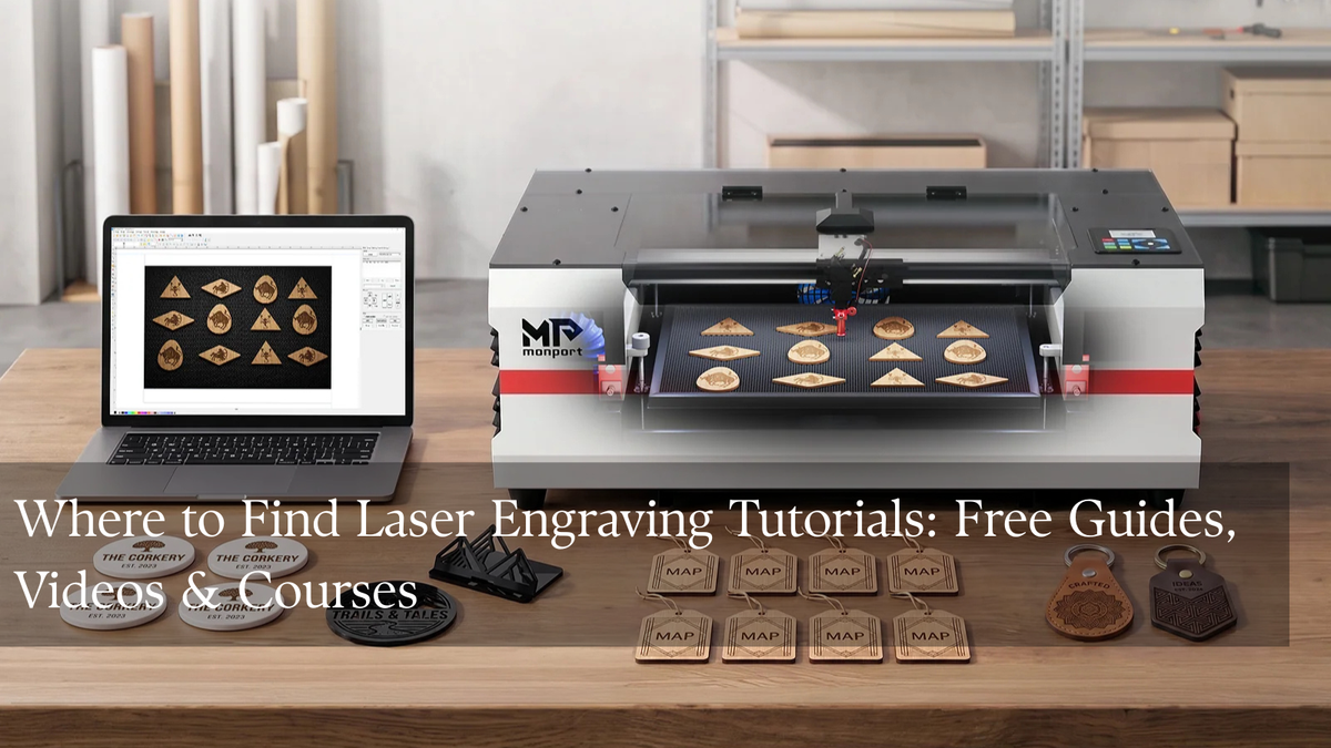 A laptop with laser design software beside engraved wood and acrylic samples.