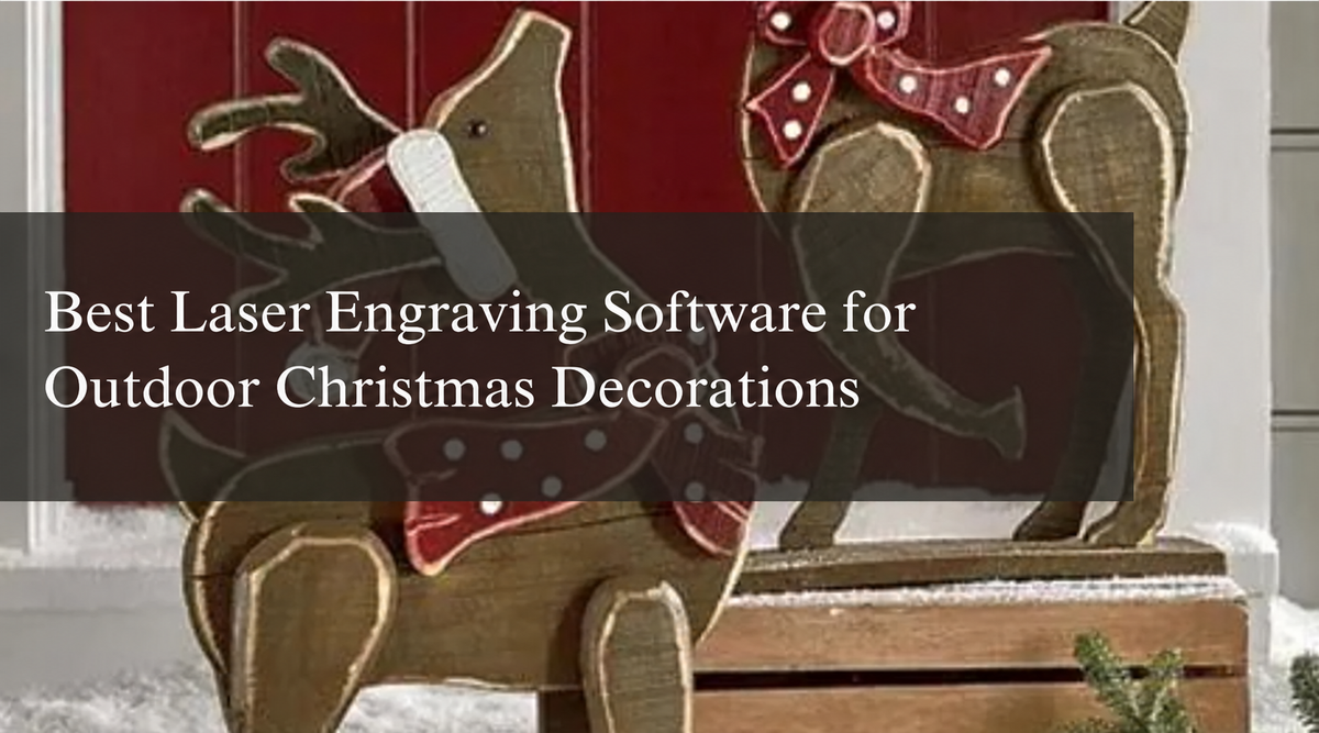 Laser-engraved wooden reindeer decorations with red bows for an outdoor Christmas display.