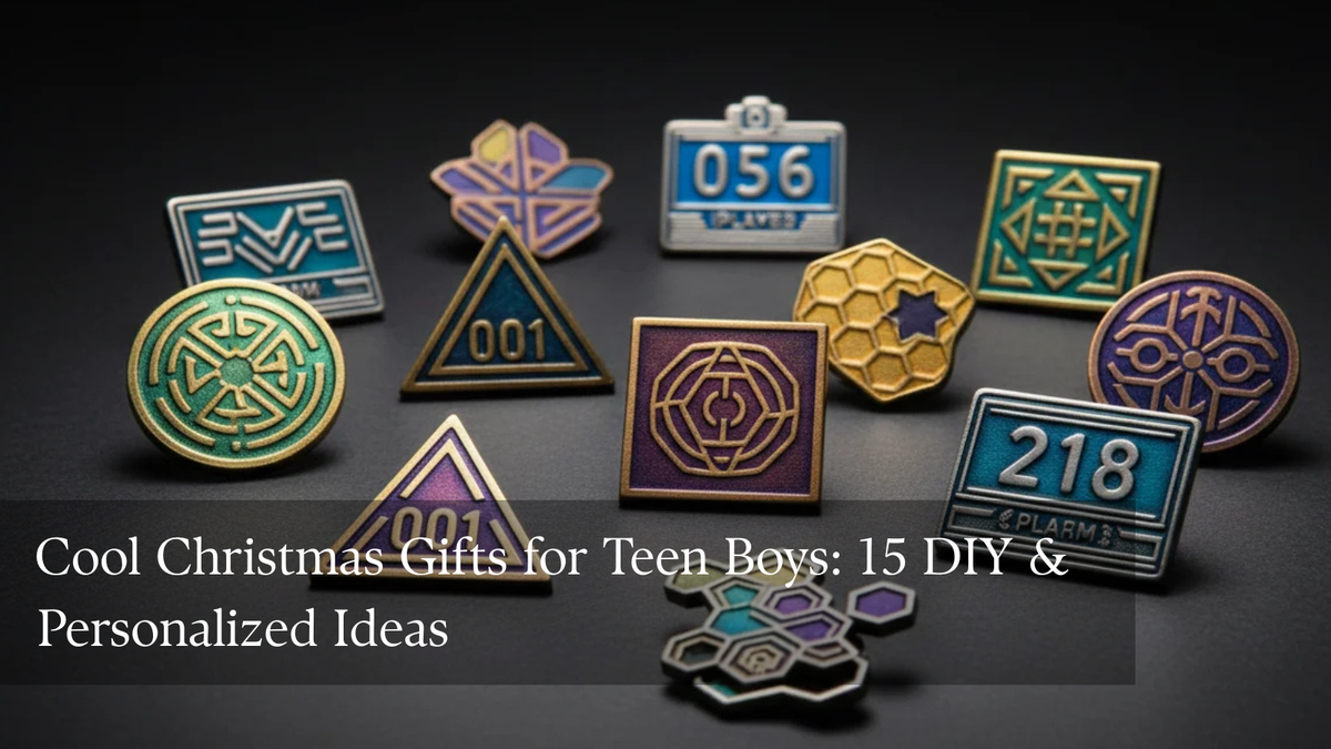 Concept illustration of personalized Christmas gifts for teen boys, including a wooden controller stand, acrylic gaming sign, 3D puzzle and phone stand.