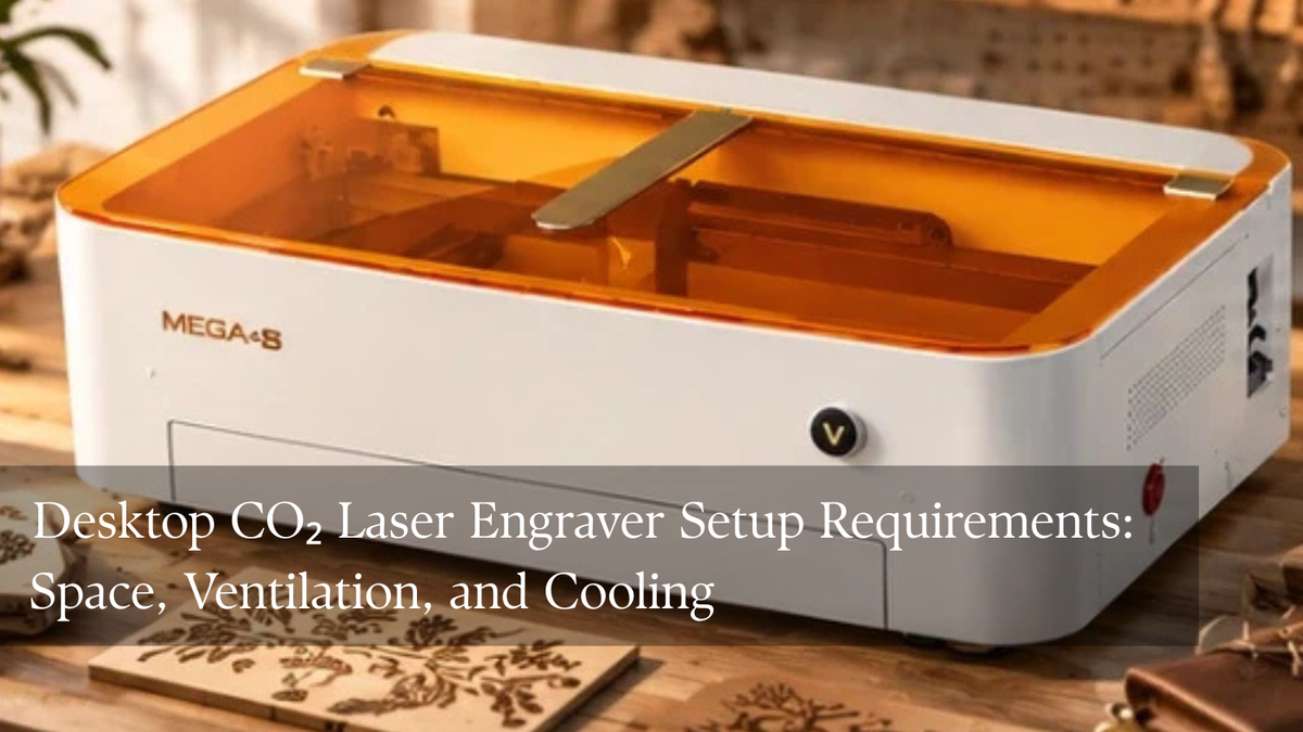 Monport MEGAS desktop CO2 laser engraver in a small business workshop illustrating workspace planning
