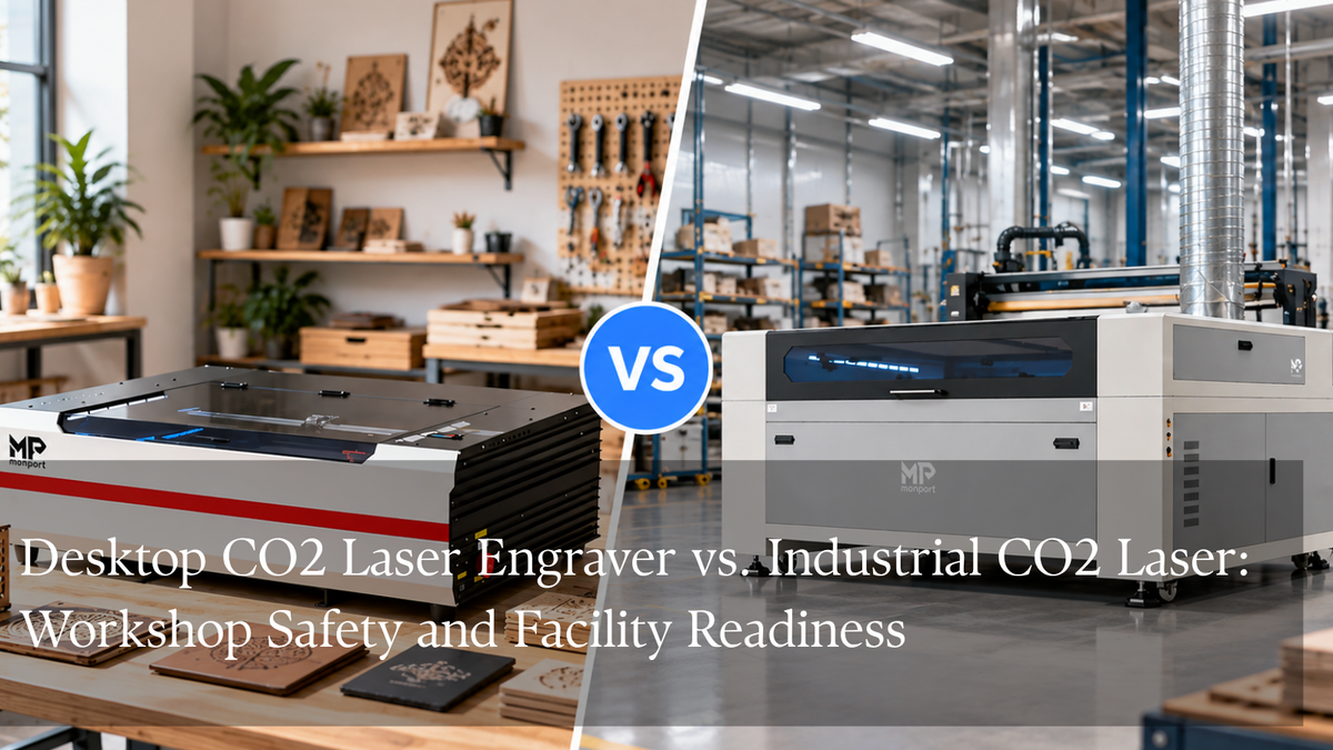 Desktop and industrial CO2 laser systems pictured in different professional workshop environments