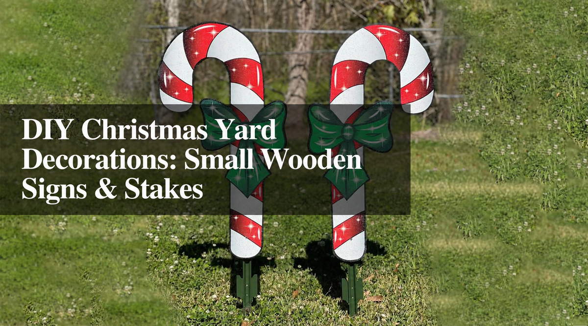DIY Christmas yard decorations cover image featuring two candy cane lawn stakes with green bows on a grassy yard.