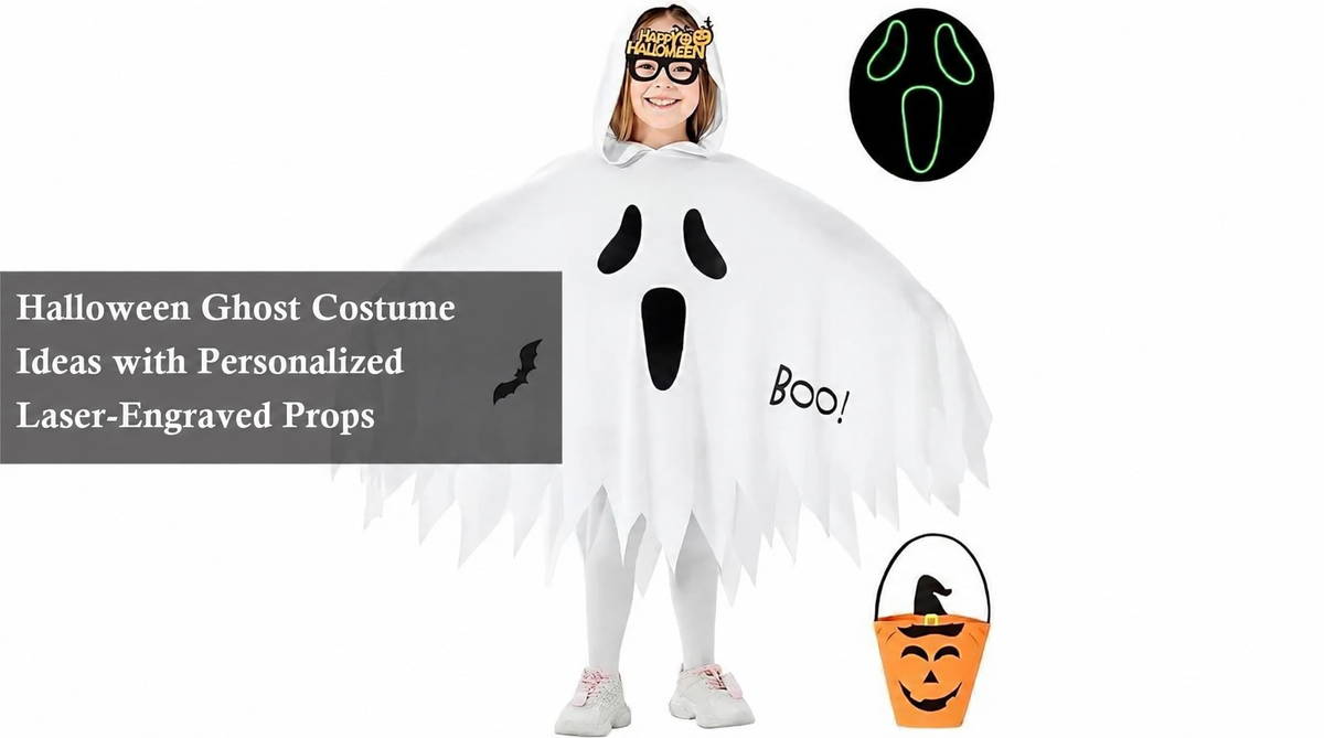 People wearing creative Halloween ghost costumes with personalized laser-engraved wooden signs and name tags.