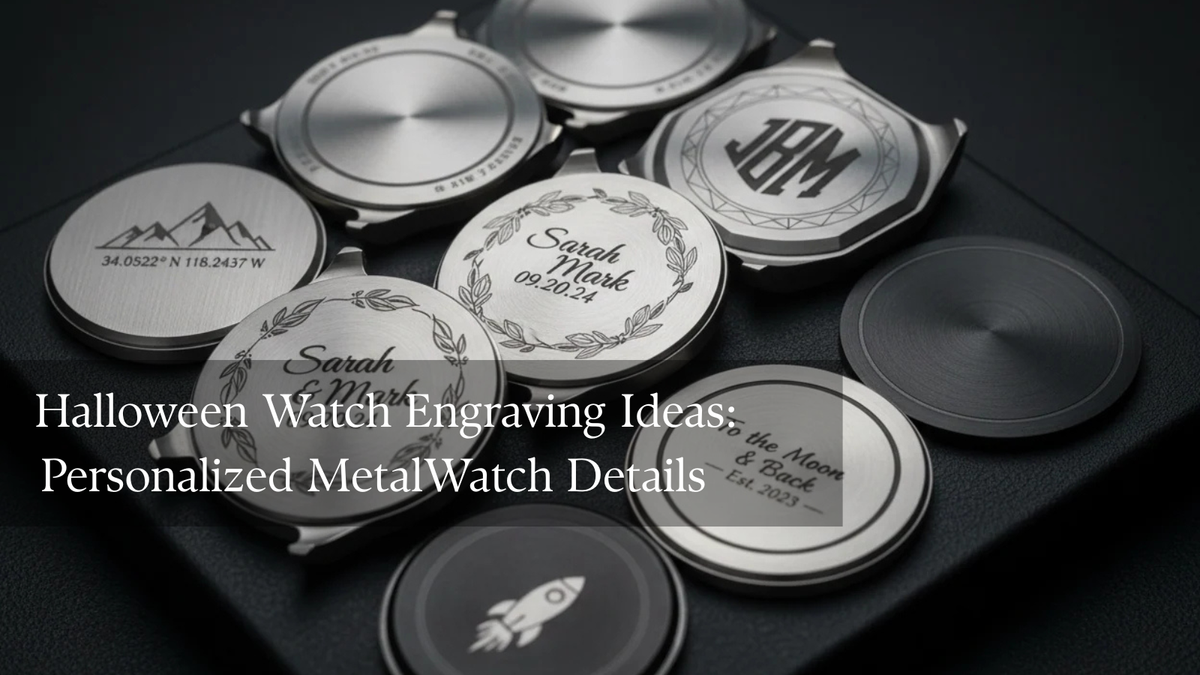 Personalized metal watch case back with a Halloween-inspired bat and crescent moon engraving