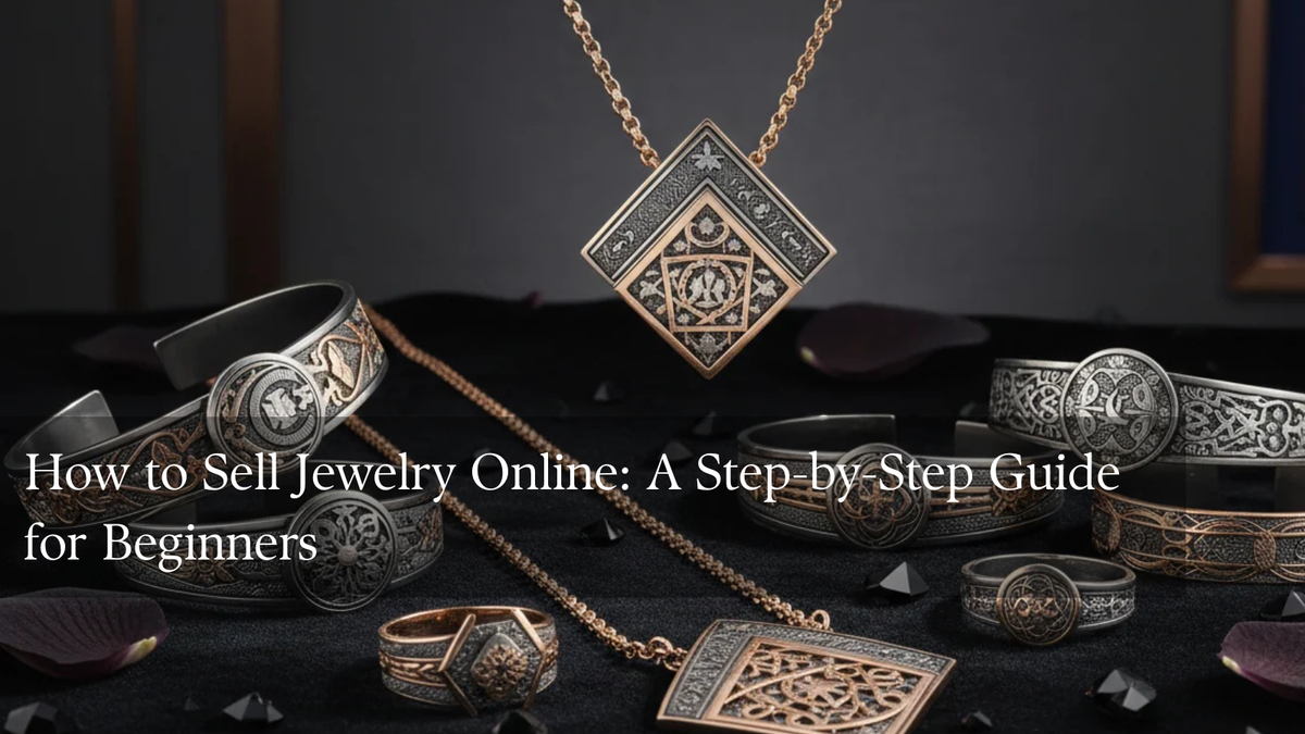 Concept illustration of personalized pendant necklaces, engraved jewelry charms and gift packaging for an online jewelry business.