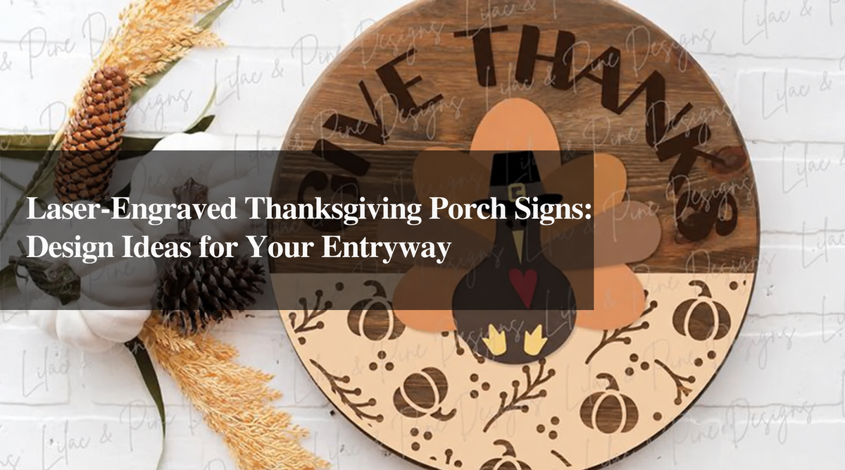 Round laser engraved Thanksgiving porch sign with turkey design, pumpkins, and fall decor