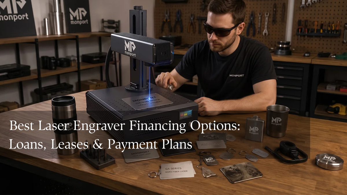 Monport laser engraver in a small workshop beside equipment budget notes and a calculator