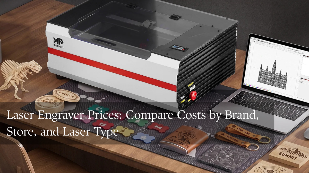 Laser engraver price comparison guide featuring engraved wood, acrylic, metal, and glass samples on a workshop table.