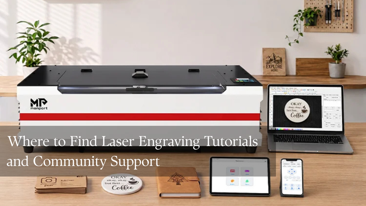 Laser engraving workspace with a laser engraver, design software on a laptop, and beginner project samples