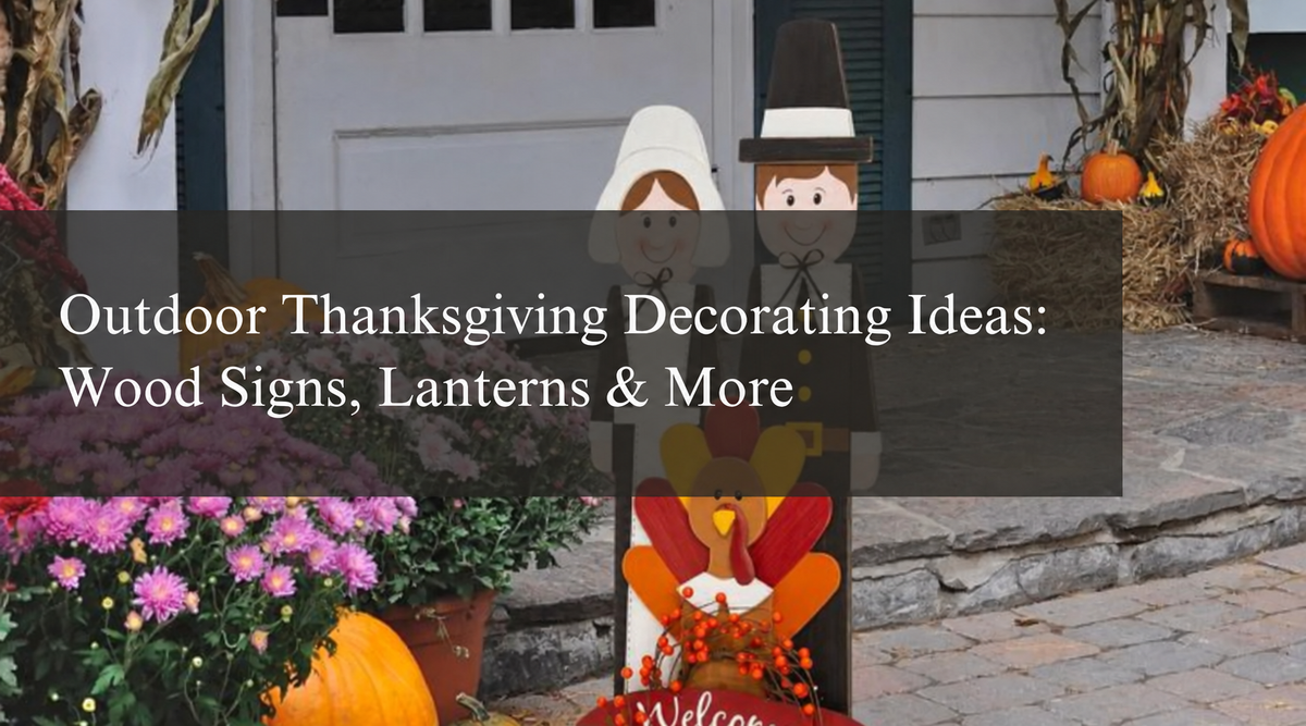 Outdoor Thanksgiving porch decorations featuring wooden pilgrim and turkey signs, pumpkins, colorful fall flowers, and seasonal harvest accents.