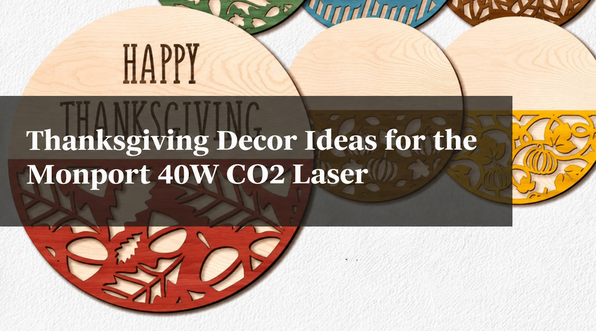 Laser-cut wooden Thanksgiving decorations featuring layered round plaques with engraved holiday lettering, autumn leaves, pumpkins, and acorn patterns.