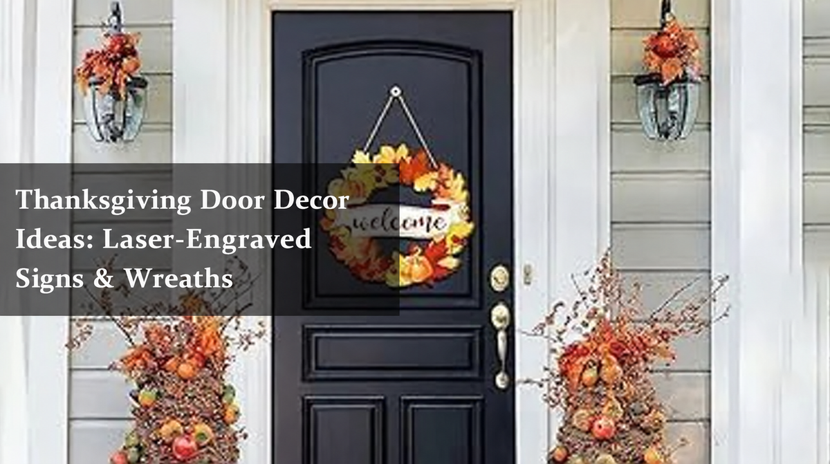 Cover image for Thanksgiving door decor ideas, featuring a front door with a fall wreath welcome sign, autumn porch arrangements, and seasonal entryway decorations.