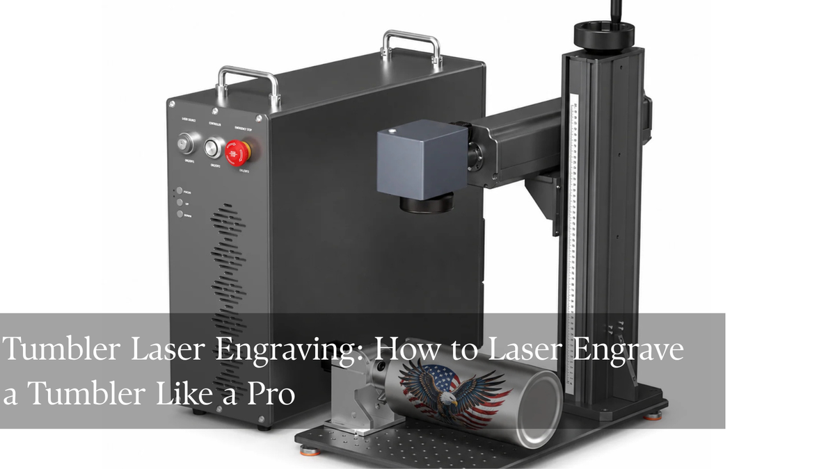 Monport laser engraver with rotary attachment engraving a powder-coated stainless steel tumbler.