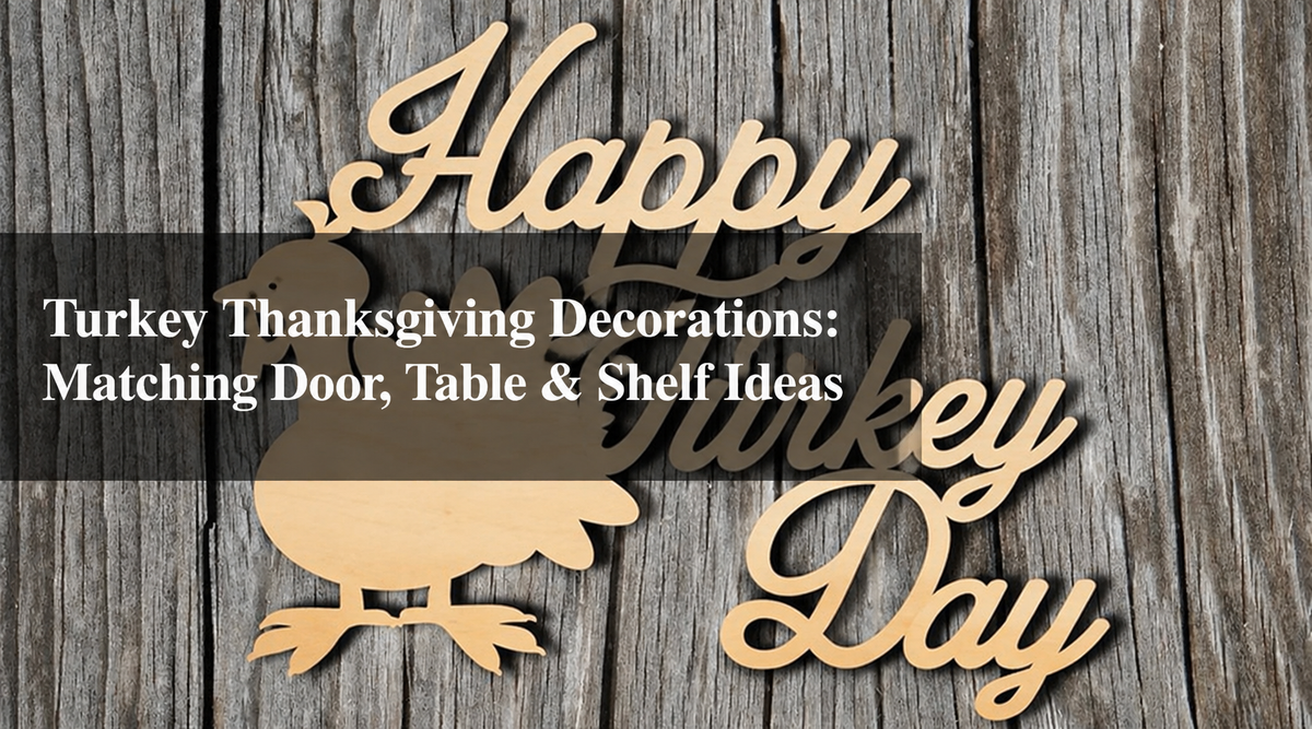 Laser-cut wooden turkey decoration with Happy Turkey Day lettering on a rustic wood background, featuring Thanksgiving decor ideas for doors, tables, and shelves.
