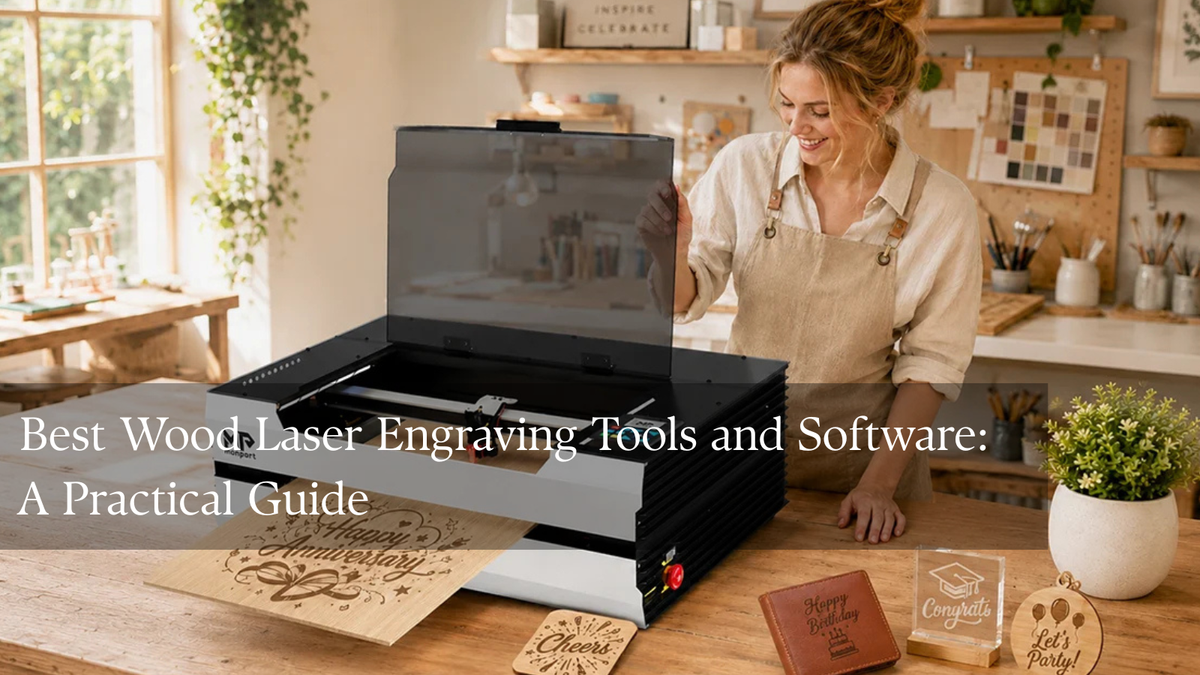 Wood laser engraver and software setup with engraved wooden signs and a photo plaque.
