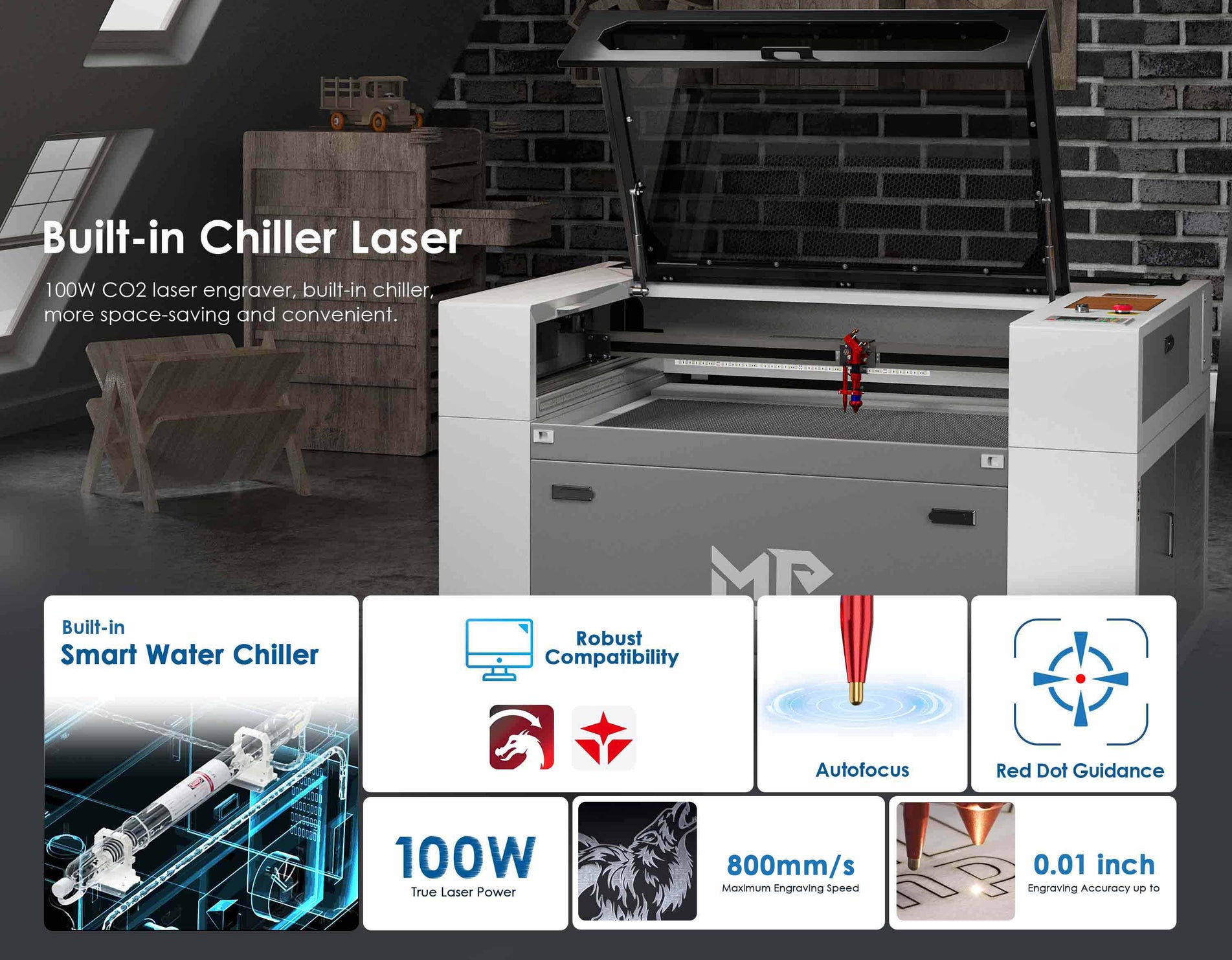 Monport 100W Built-in Chiller CO2 Laser Engraver & Cutter (40" x 24")
