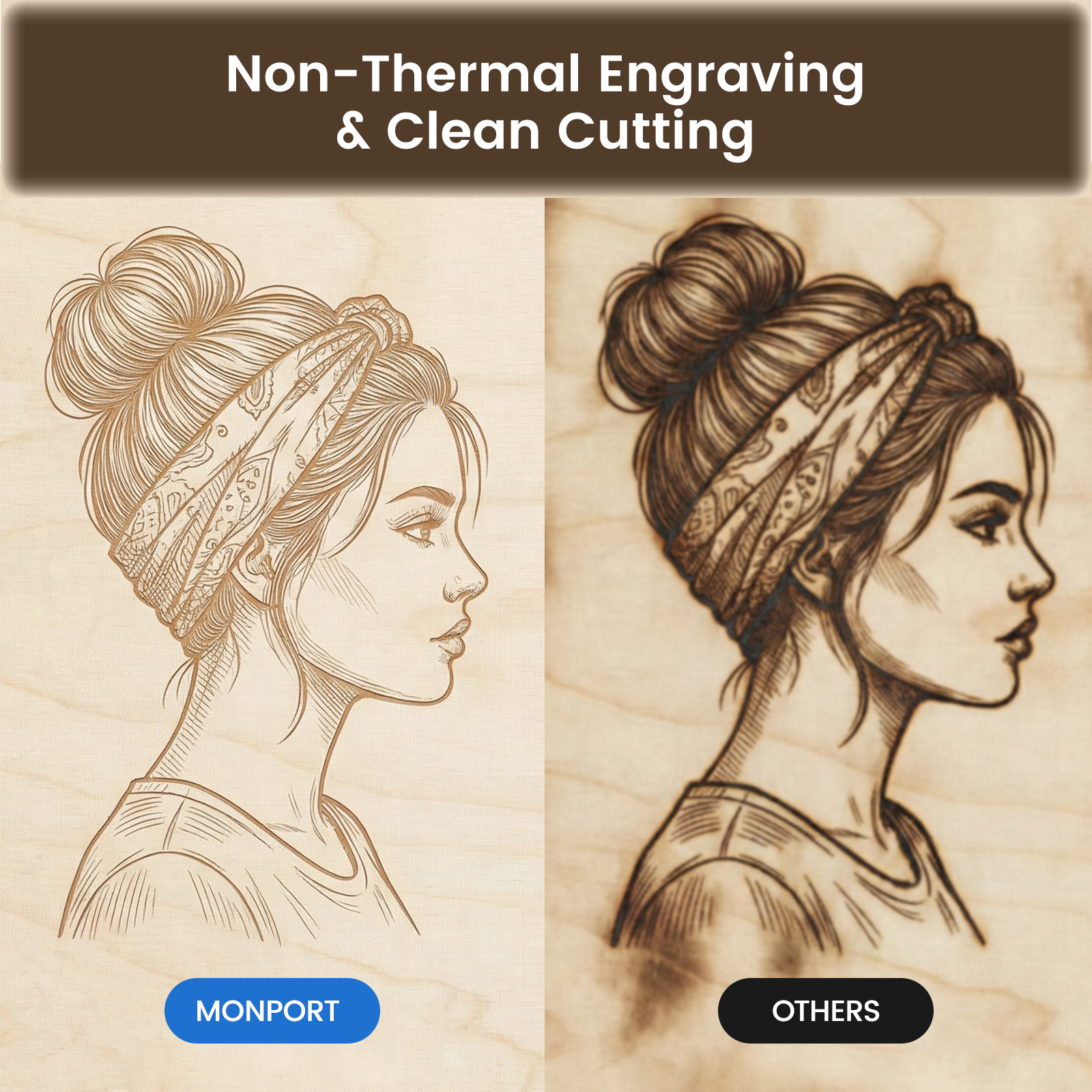 Comparison of non-thermal engraving and clean cutting on a wooden surface with 'Monport uv laser' and 'Others' labels.
