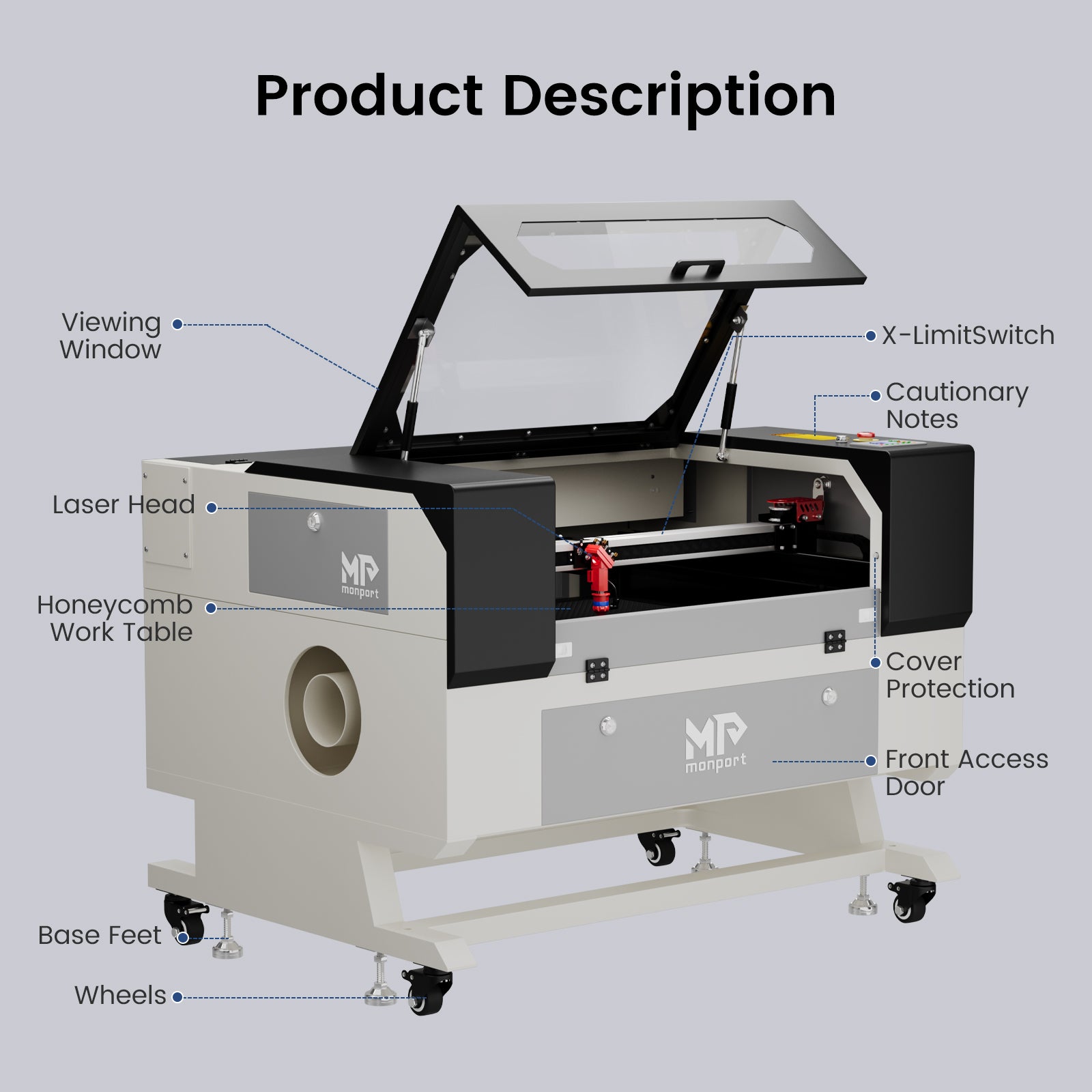 Monport 60W CO2 Laser Engraver & Cutter (28" x 20") with Autofocus and Bracket