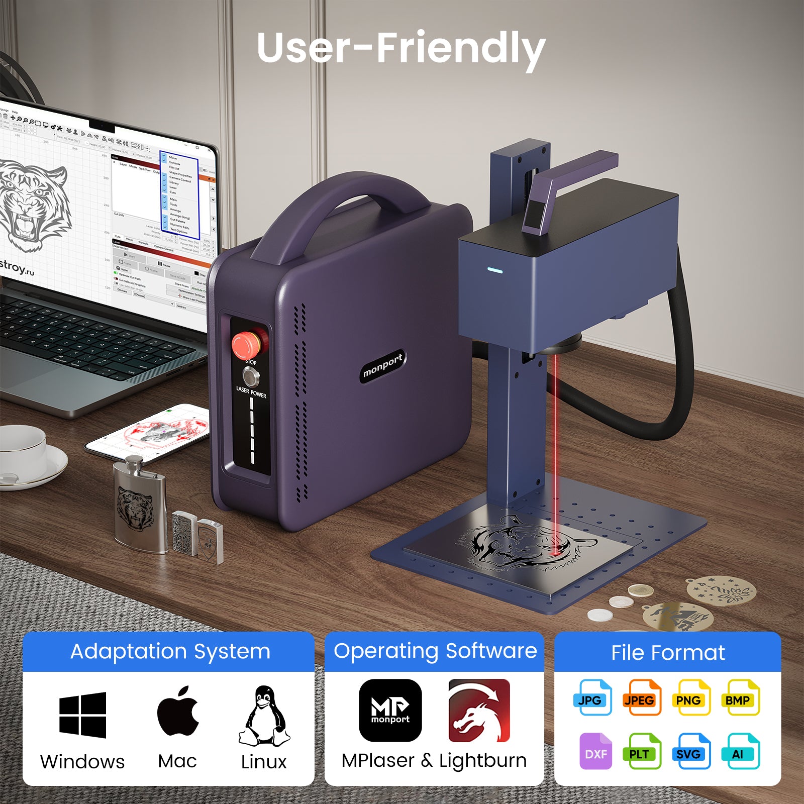 Monport 20W Portable Fiber Laser Engraver for Color Metal Marking