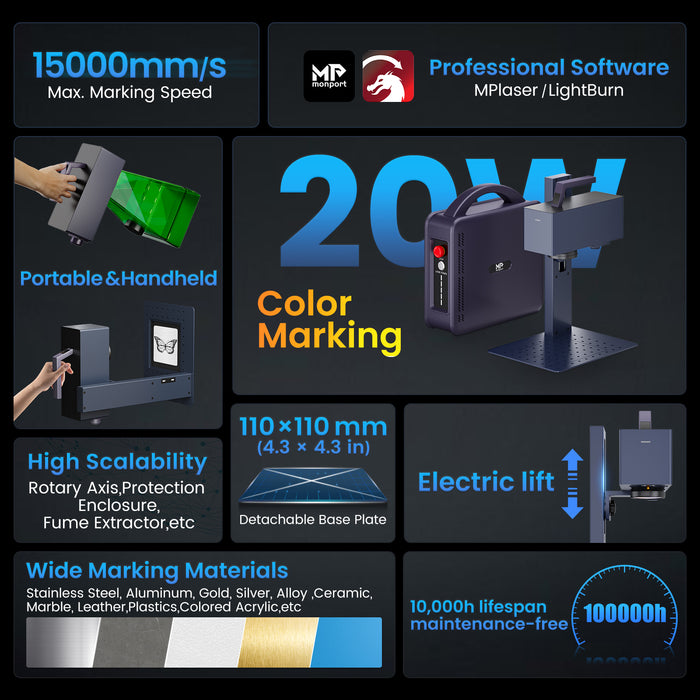 Monport 20W Portable Fiber Laser Engraver for Color Metal Marking