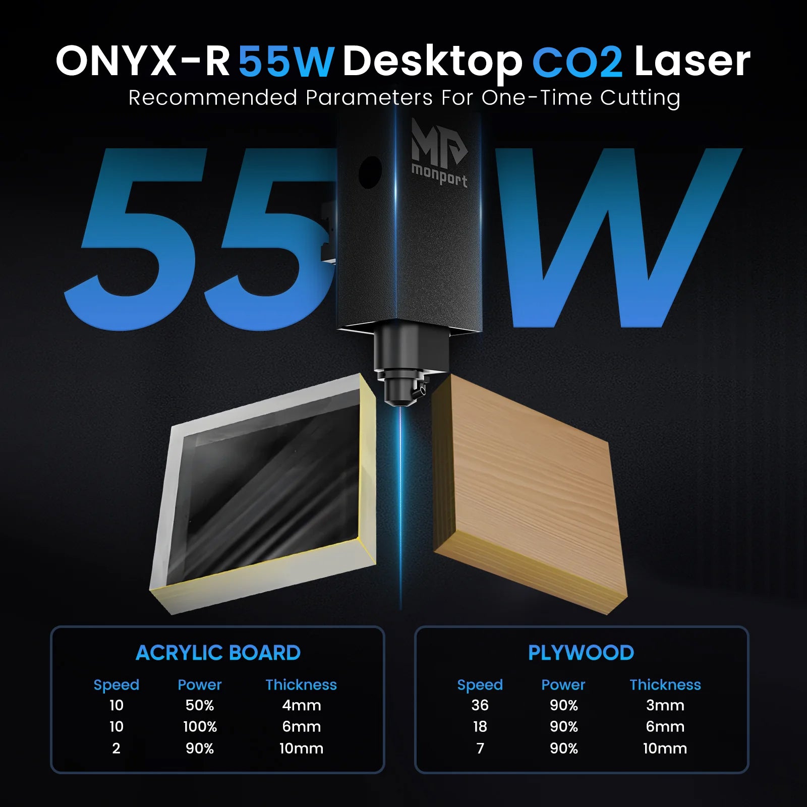 MONPORT ONYX 55W Desktop CO2 Laser Engraver with Autofocus
