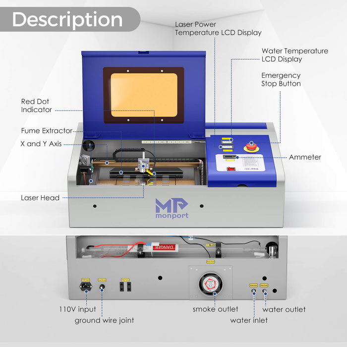 Monport 40W Lightburn-ready (12" X 8") CO2 Laser Engraver & Cutter with FDA Approval