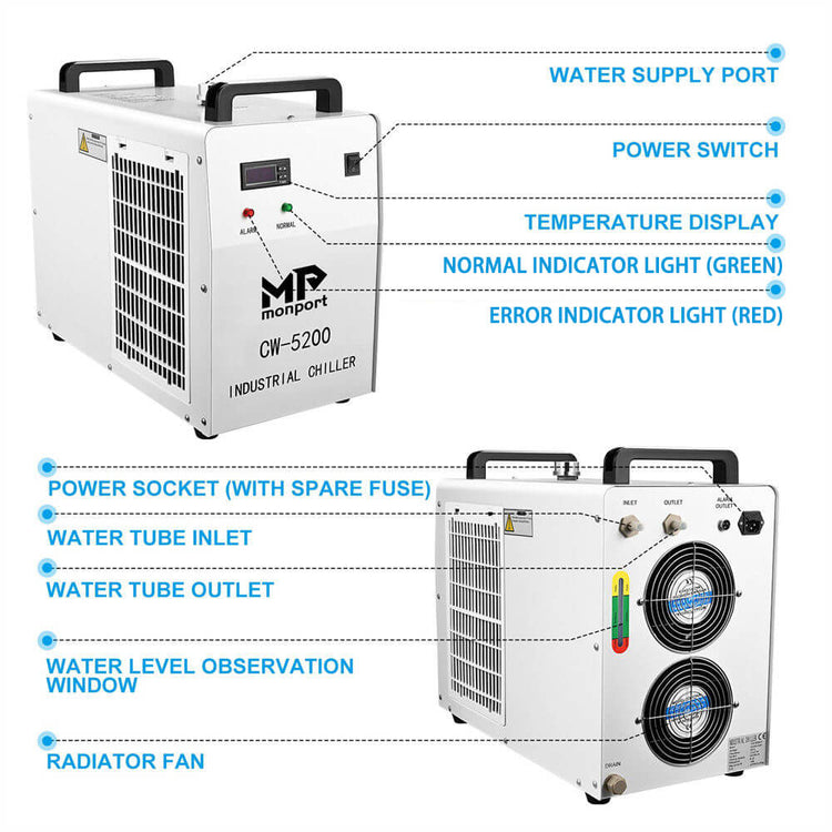 Monport 6L CW-5200 Industrial Water Chiller with Air Purifier Laser Fume Extractor