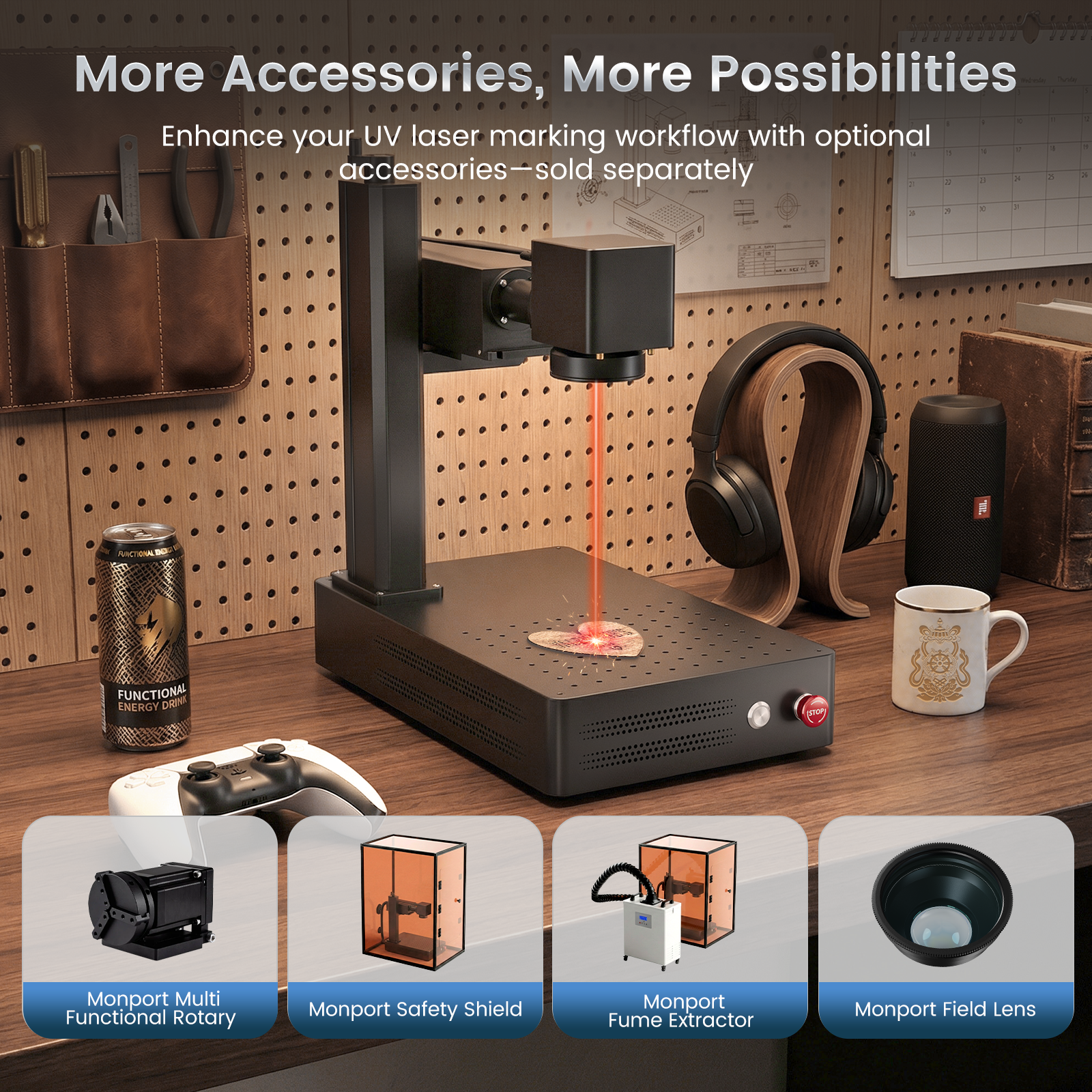 UV laser marking machine with accessories on a wooden surface