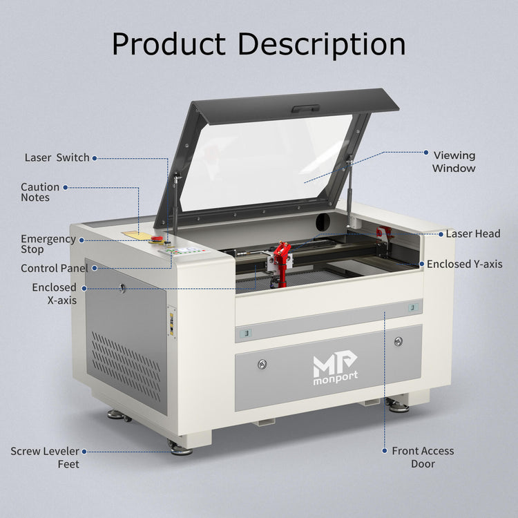 Monport 60W CO2 Laser Engraver & Cutter (24" x 16") with Manual Focus