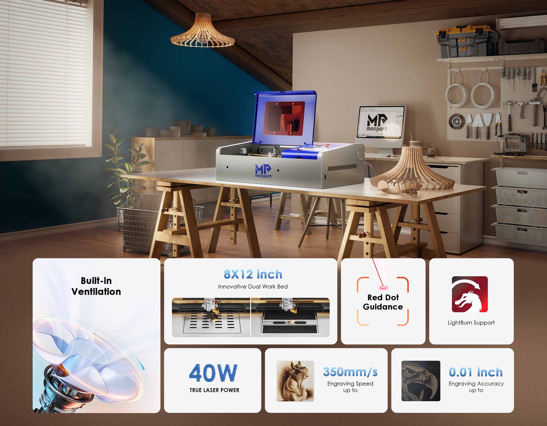 Monport 40W Lightburn-ready (12" X 8") CO2 Laser Engraver & Cutter with FDA Approval - 40W Basic