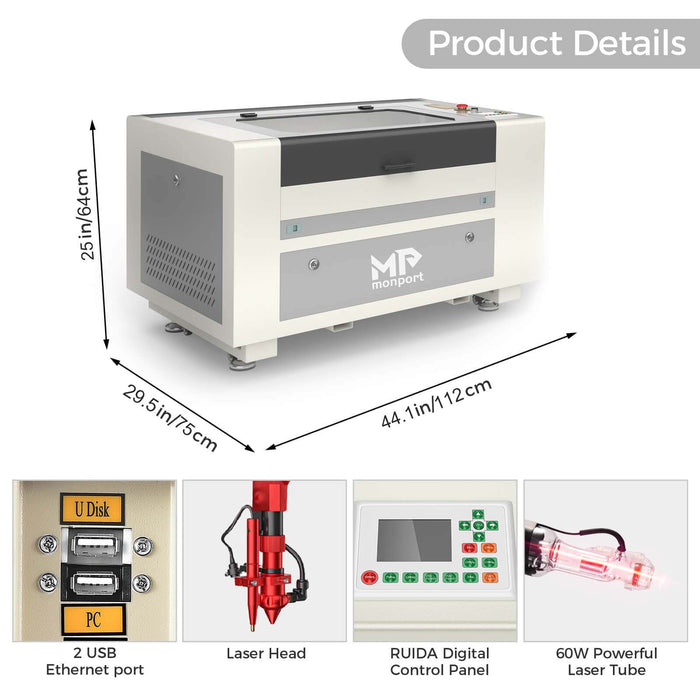 Monport 60W CO2 Laser Engraver & Cutter (24" x 16") with Autofocus