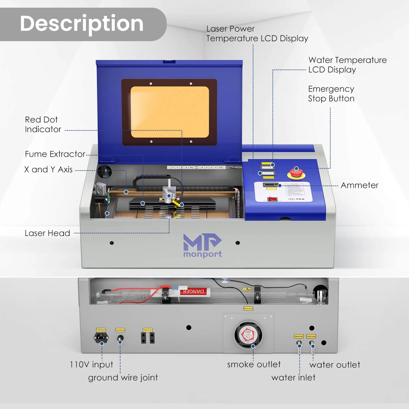 Monport 40W Lightburn-ready (12" X 8") CO2 Laser Engraver & Cutter with FDA Approval