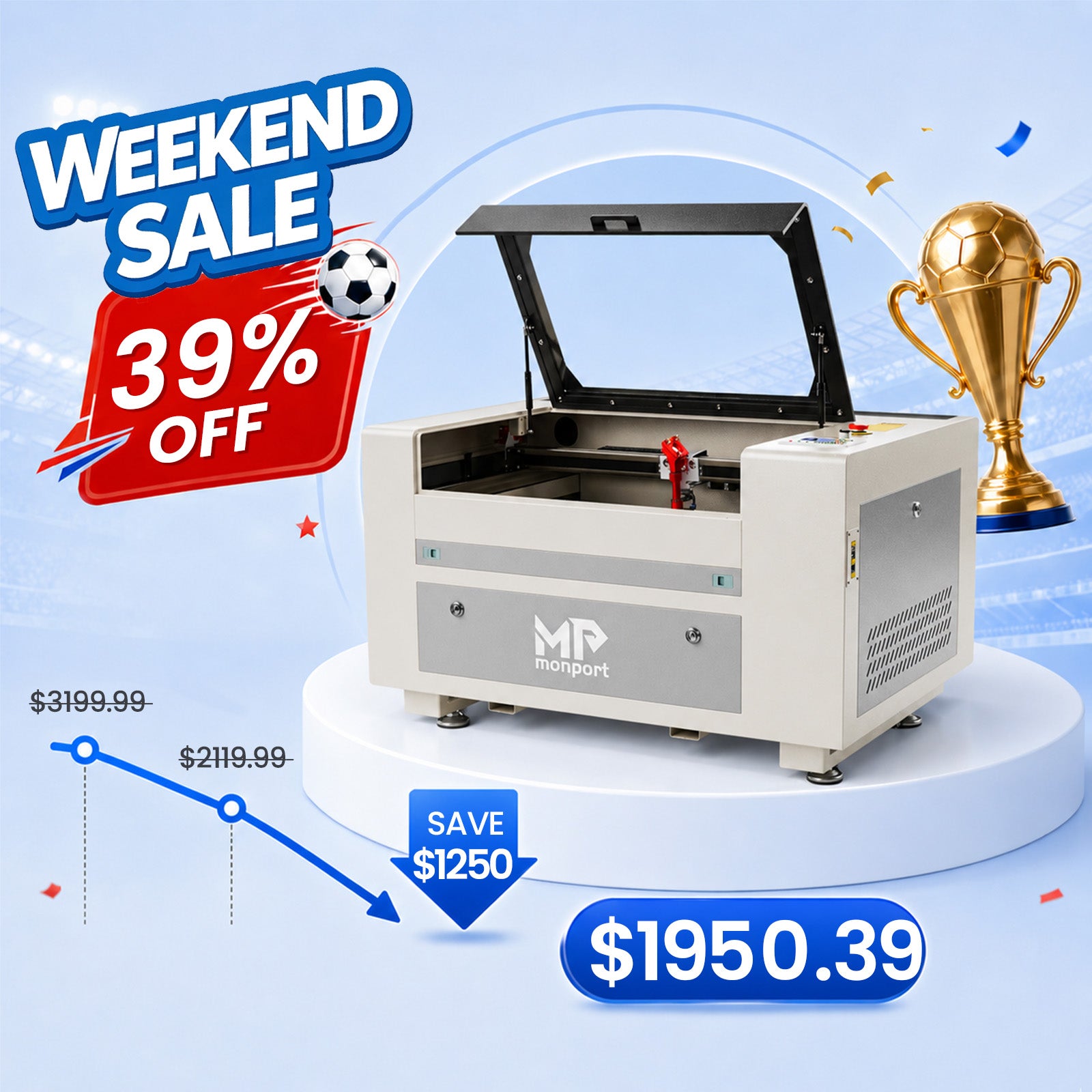 Monport 60W CO2 Laser Engraver & Cutter (24" x 16") with Autofocus