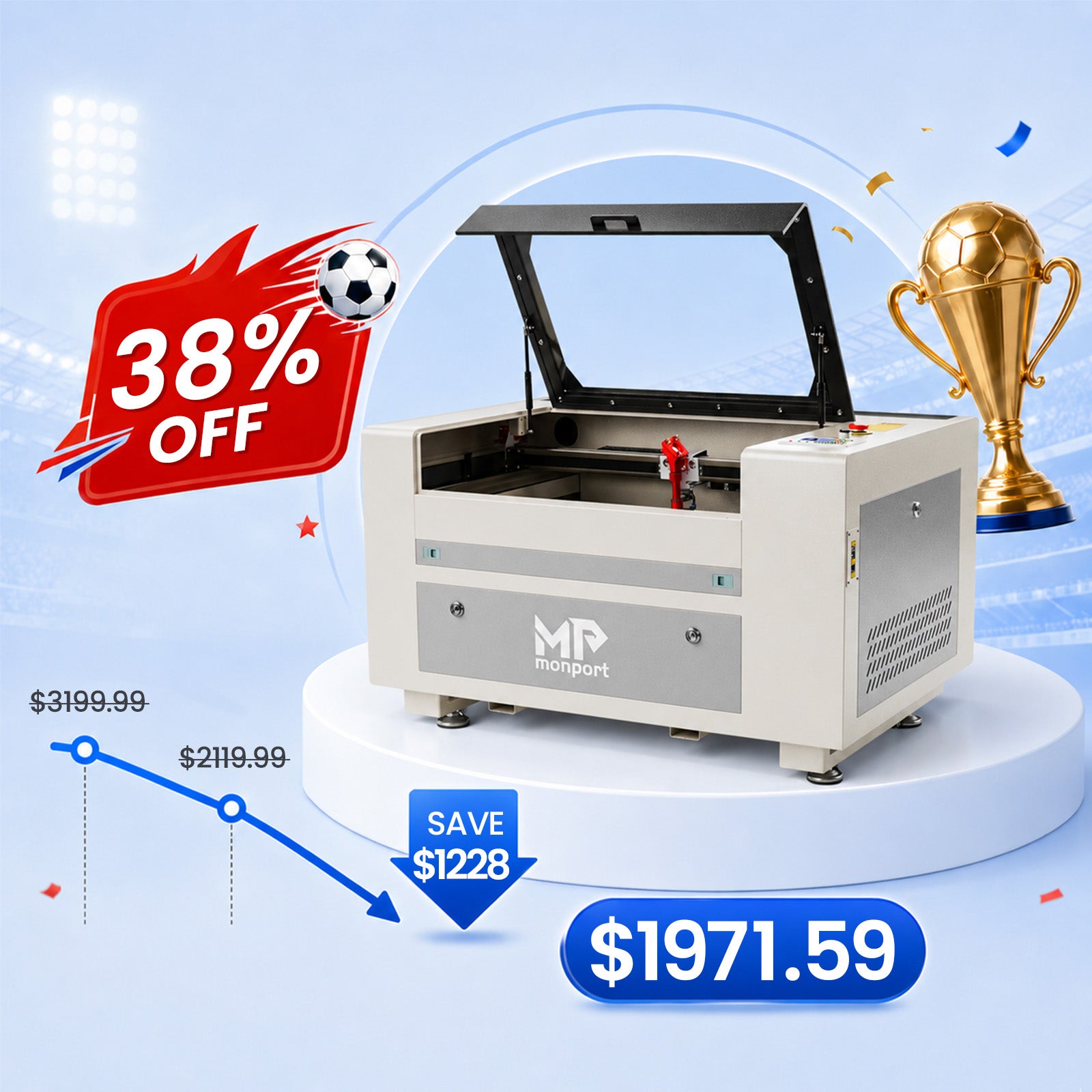 Monport 60W CO2 Laser Engraver & Cutter (24" x 16") with Autofocus