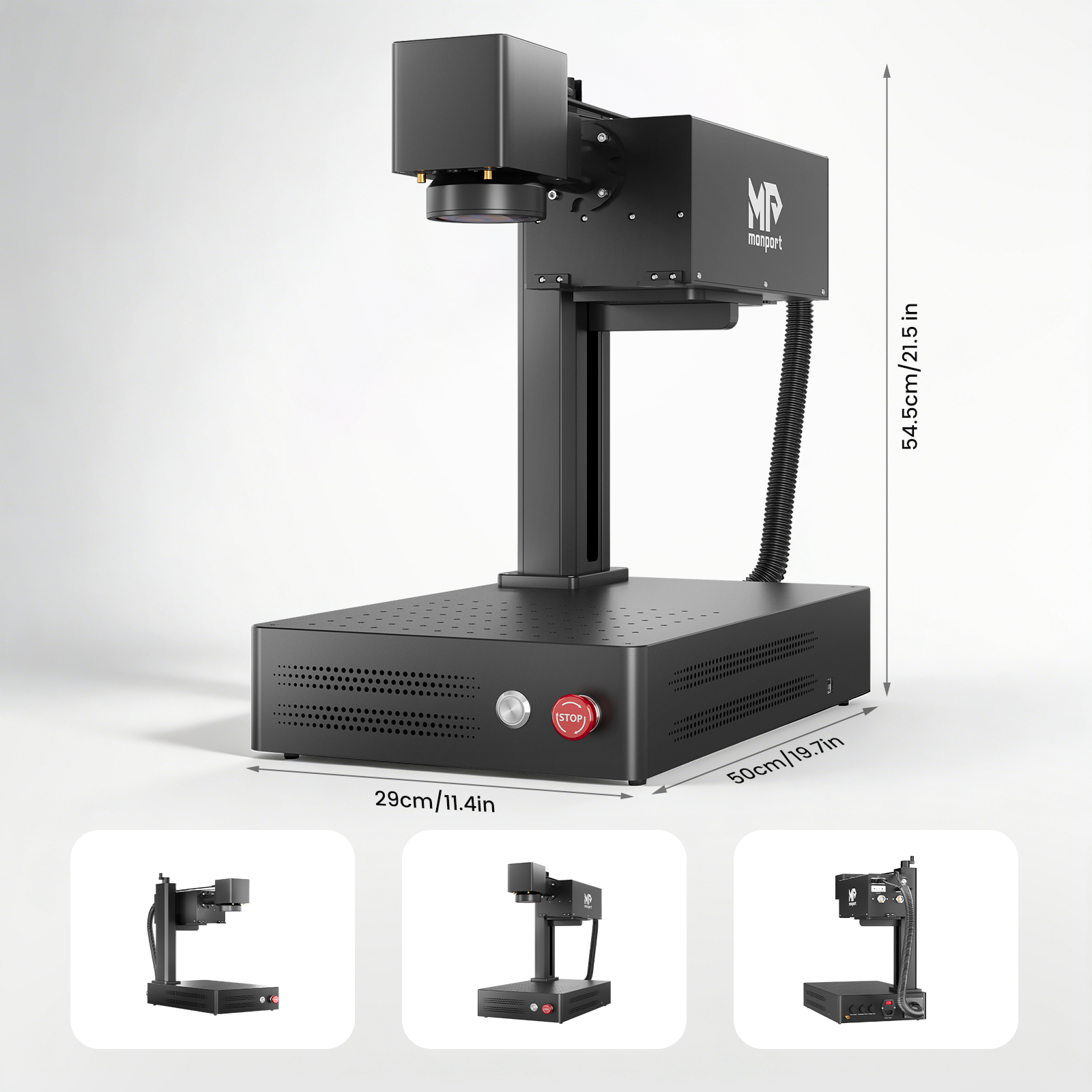 Black laser engraving machine with dimensions and features displayed on a white background
