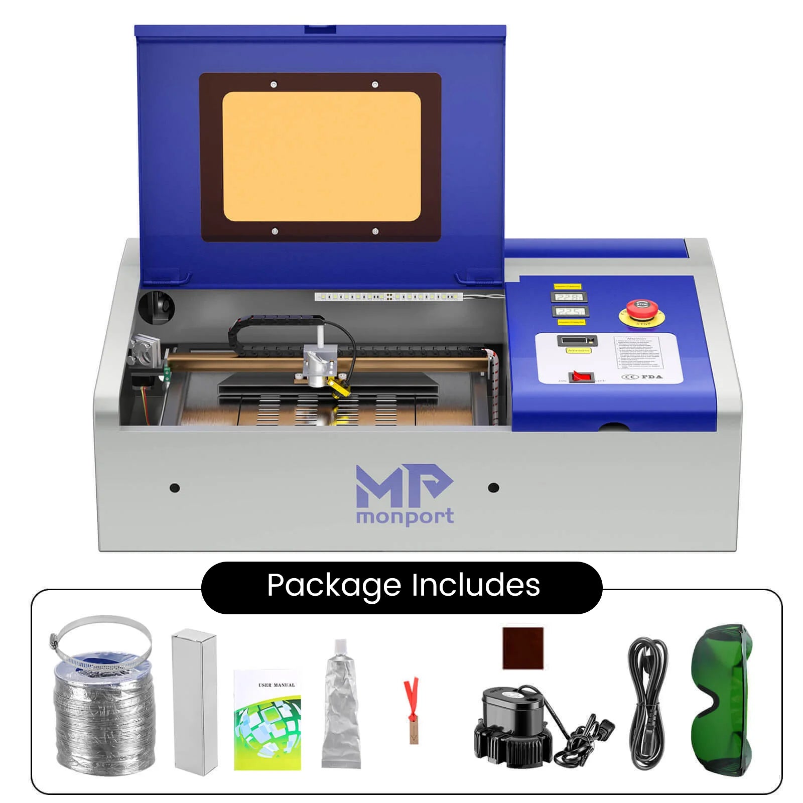 Monport 40W Lightburn-ready (12" X 8") CO2 Laser Engraver & Cutter with FDA Approval