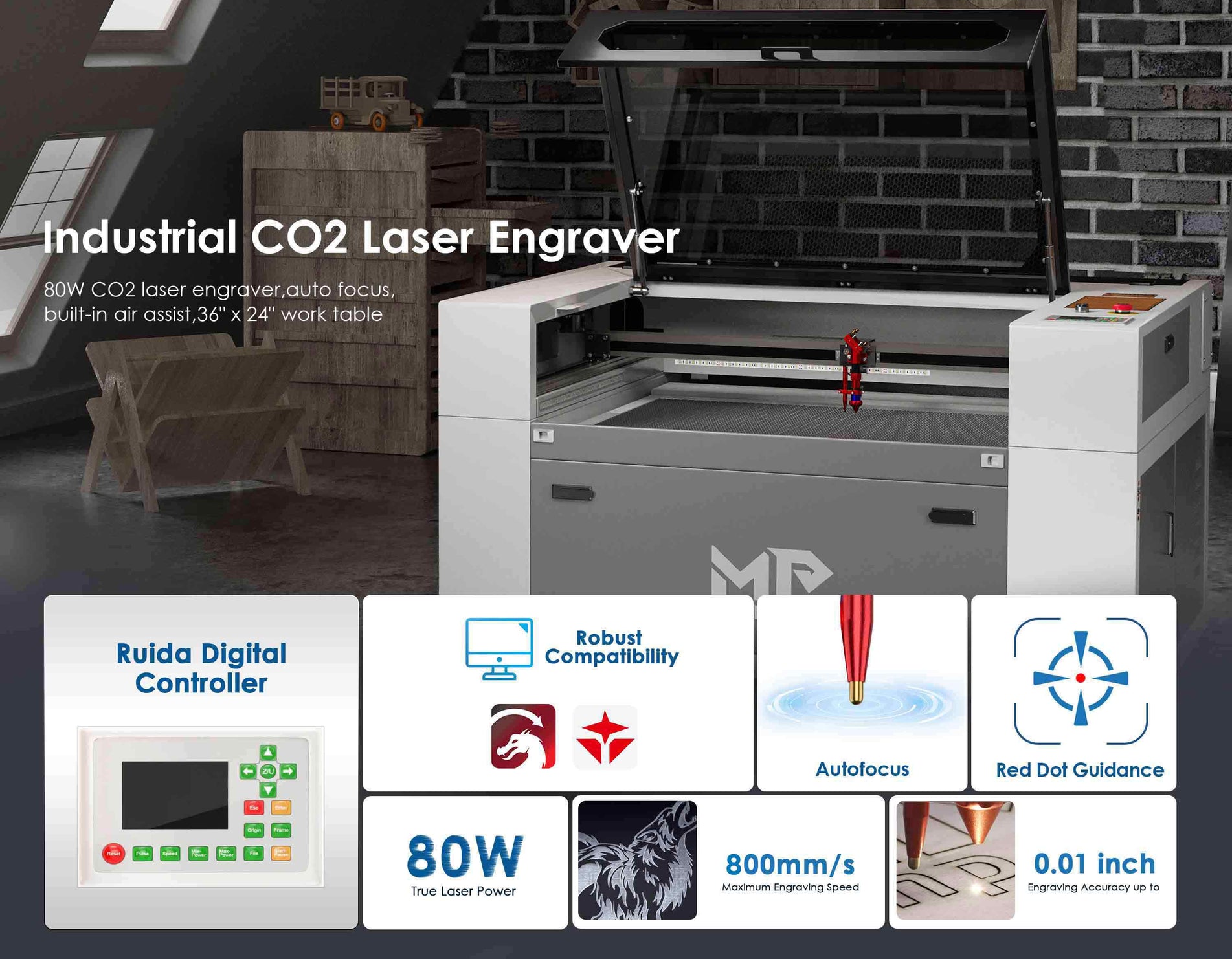 Monport 80W CO2 Laser Engraver & Cutter (36" x 24") with FDA ApprovedMonport 80W CO2 Laser Engraver & Cutter (36" x 24") with FDA Approved
