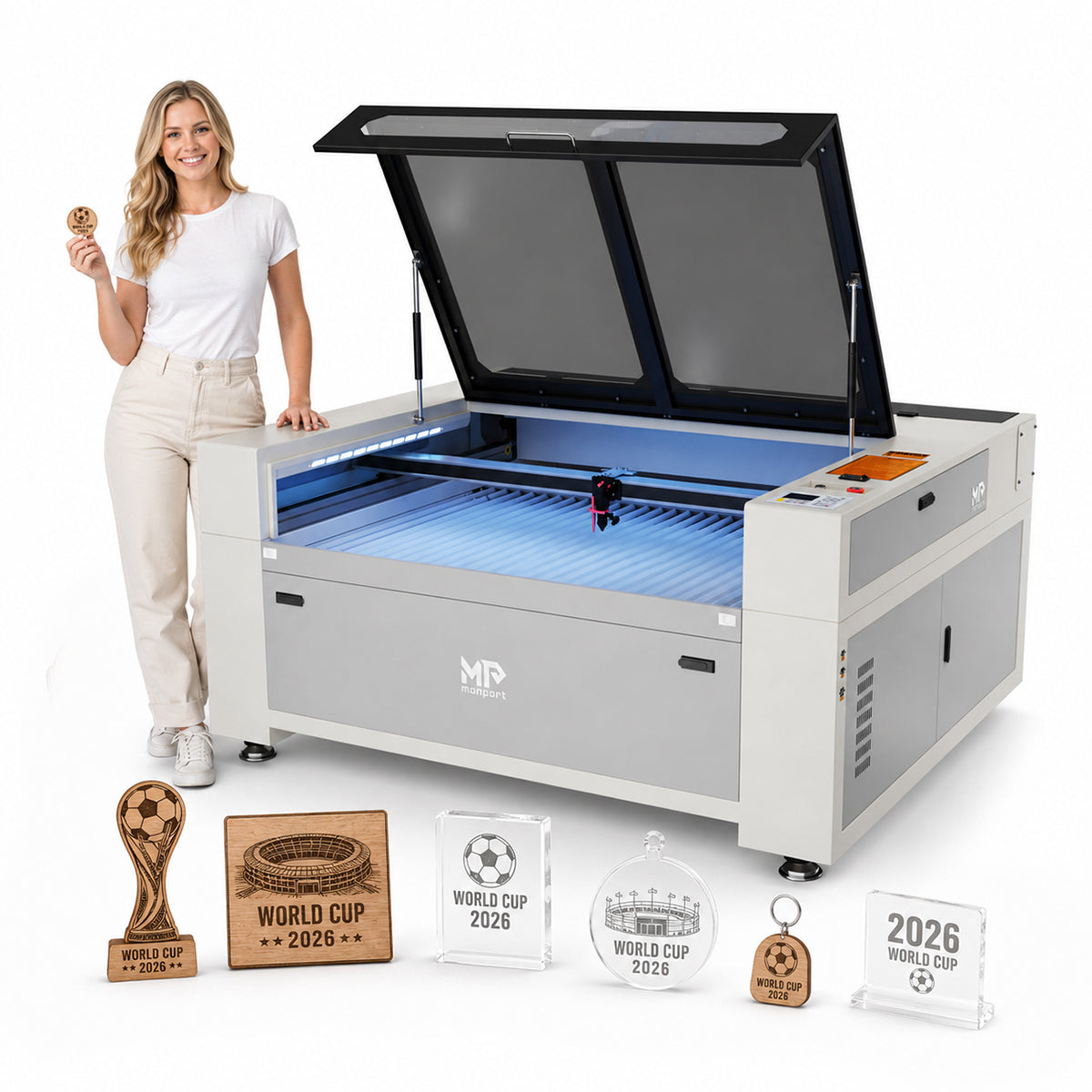 Monport Effi16S Upgraded 150W CO2 Laser Engraver & Cutter (63" × 40") with Autofocus and Built-in Water Chiller