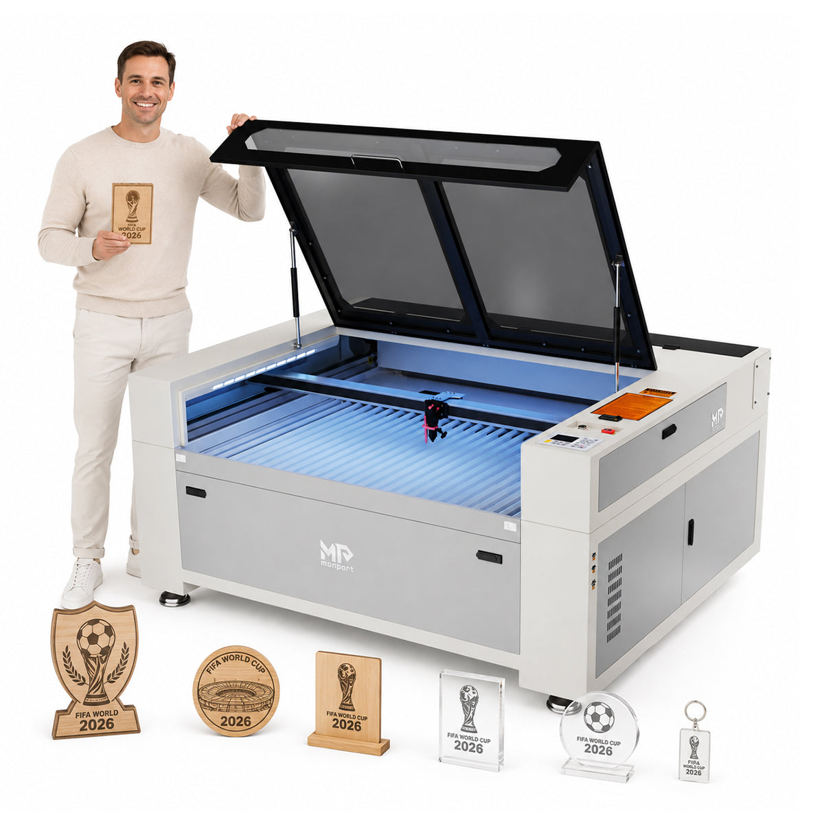 Monport Effi13S Upgraded 130W CO2 Laser Engraver & Cutter (51" × 35") with Autofocus and Built-in Water Chiller