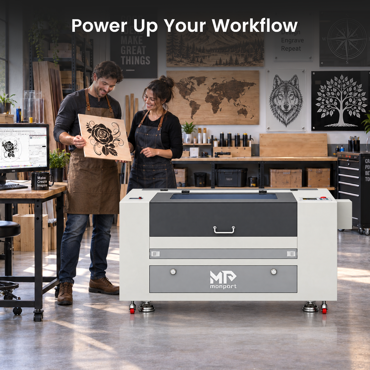 Monport Effi7S Upgraded 90W CO2 Laser Engraver & Cutter (28" x 20") with Autofocus