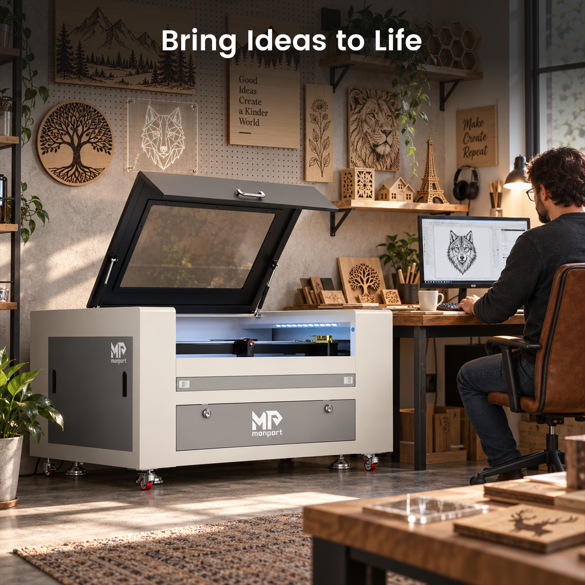 Monport Effi7S Upgraded 90W CO2 Laser Engraver & Cutter (28" x 20") with Autofocus