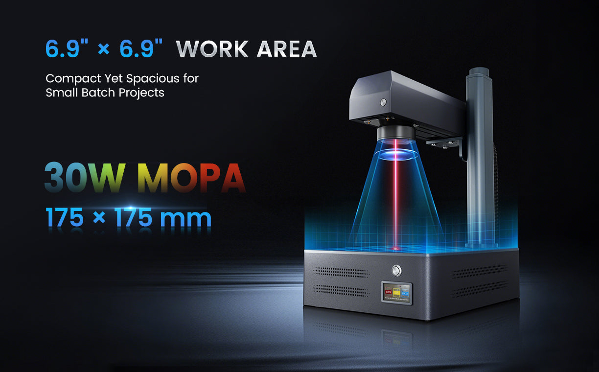 Laser engraving machine with specifications on a dark background