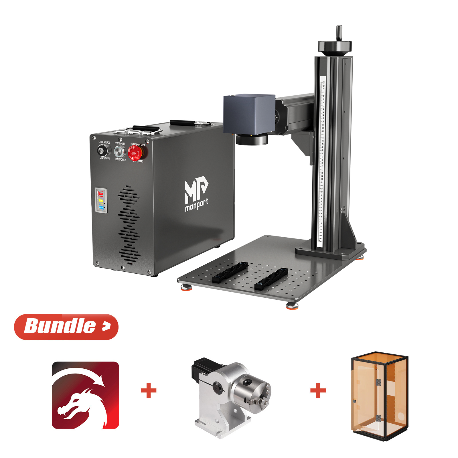 Bundle Sale | Monport GT 30W Split Fiber Laser Engraver & Marking Machine With AutoFocus (5.9” x 5.9”)+ 80MM Three Jaws Rotary Axis + Laser Engraver Enclosure + Lightburn Pro