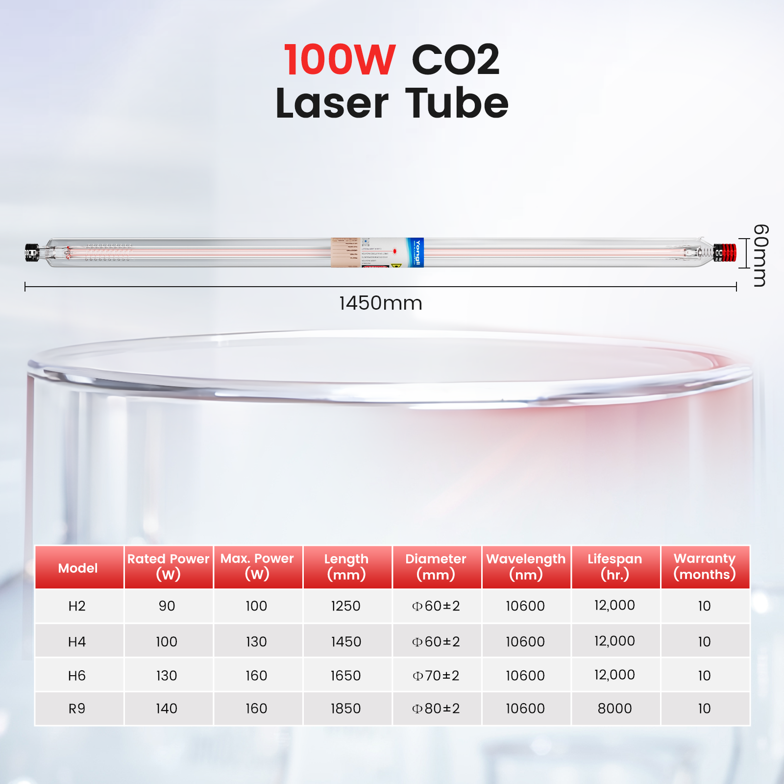 Monport 100w CO2 Laser Tube for Laser Engraver